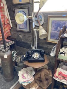 vintage phone and floor lamp with 3 fiberglass shade lights